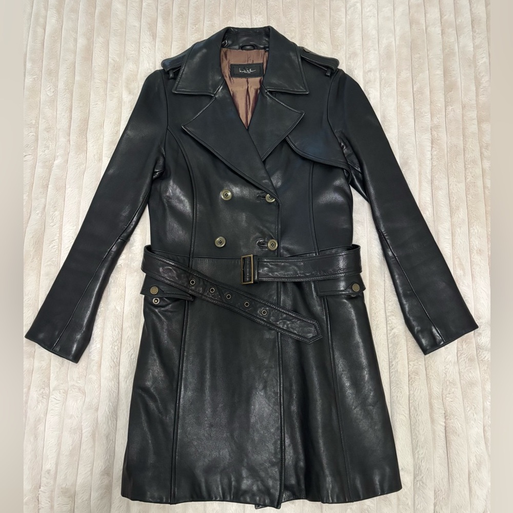 Nicole Miller Black Leather Double-Breasted Jacket Size M